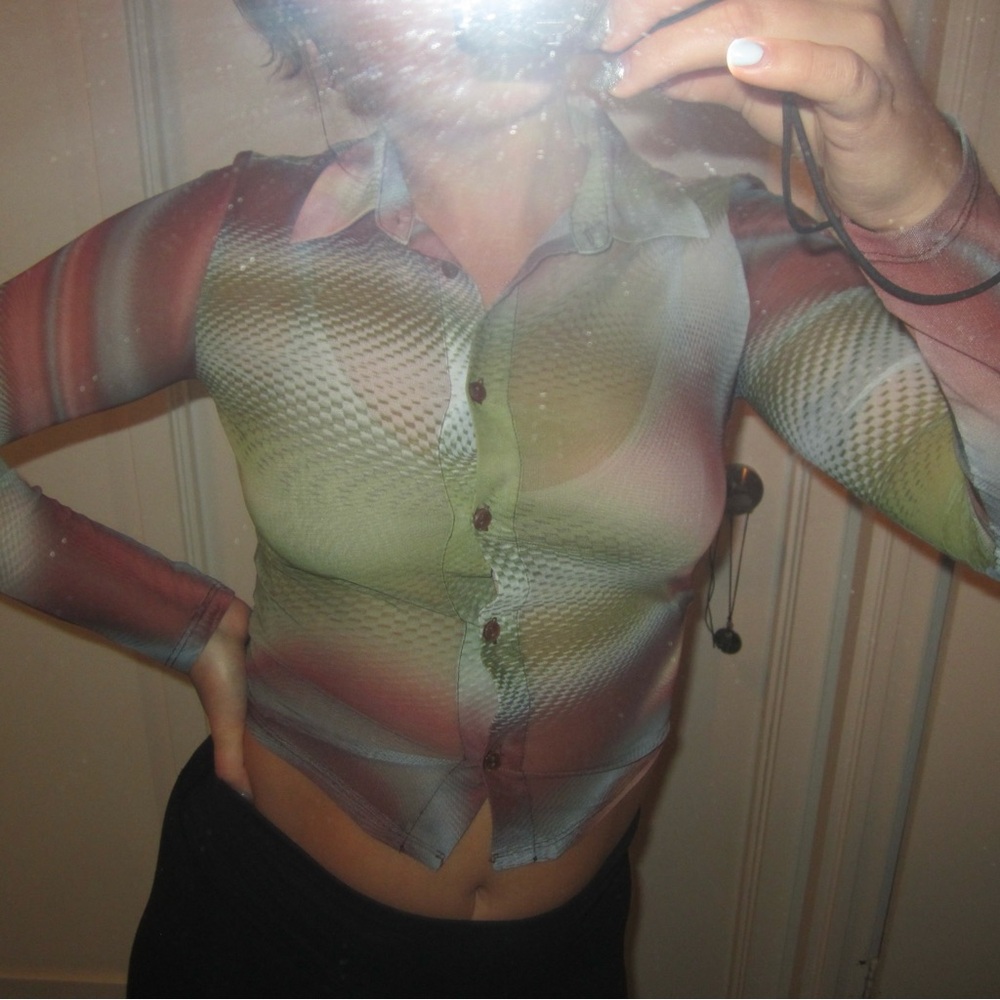 Y2K Bershka Sheer Mesh Button Top – Abstract Green / Pink Print (XS)